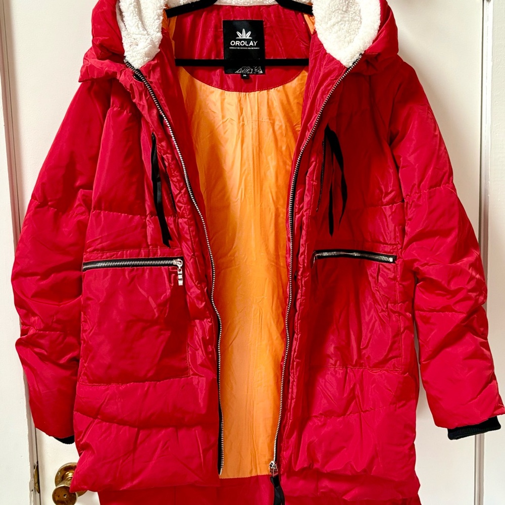 Red Orolay Xtra Warm Down Puffer Coat Fleece Hood Zips Ribbons Women XL